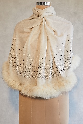 Cream Swarovski Embroidered Shawl With Faux Fur by Wrapture by Suzanne