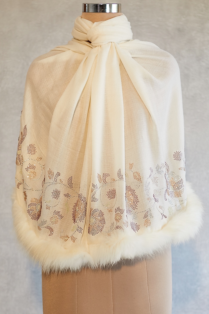 Cream Swarovski Floral Embroidered Shawl With Faux Fur by Wrapture by Suzanne