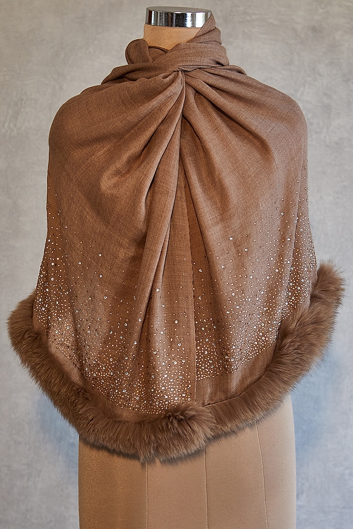 Brown Swarovski Embroidered Shawl With Faux Fur by Wrapture by Suzanne