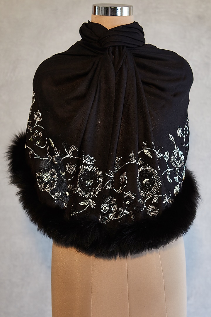 Black Swarovski Floral Embroidered Shawl With Faux Fur by Wrapture by Suzanne