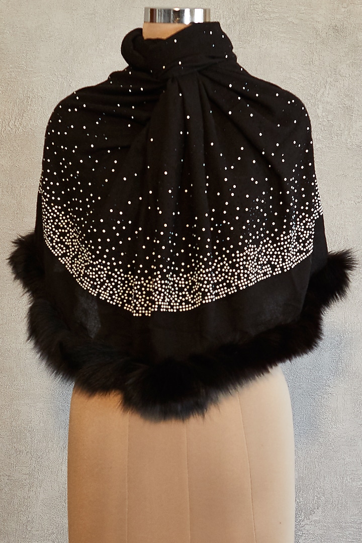 Black Swarovski Embroidered Shawl With Faux Fur by Wrapture by Suzanne