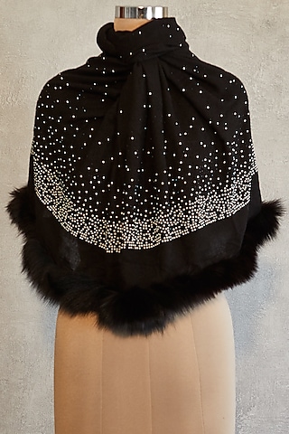 Black Swarovski Embroidered Shawl With Faux Fur by Wrapture by Suzanne