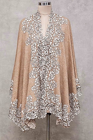 Beige Knitted Cape With Lace Border by Wrapture by Suzanne