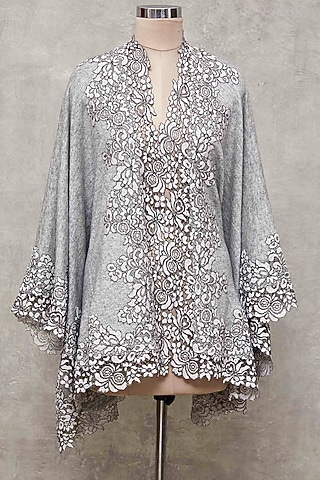 Grey Knitted Cape With Lace Border by Wrapture by Suzanne