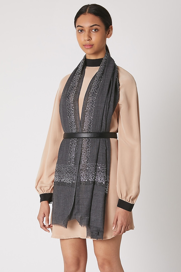 Grey Knitted & Swarovski Crystal Embroidered Shawl by Wrapture by Suzanne at Pernia's Pop Up Shop