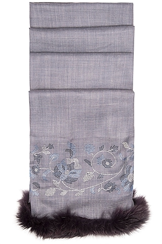 Sky Blue Swarovski Embroidered Shawl With Fur by Wrapture by Suzanne