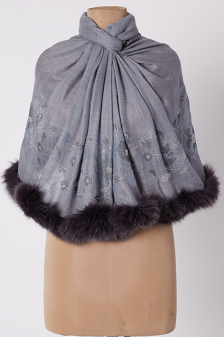 Sky Blue Swarovski Embroidered Shawl With Fur by Wrapture by Suzanne at Pernia's Pop Up Shop