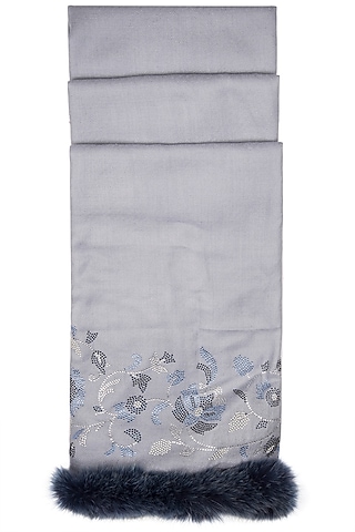 Sky Blue Swarovski Crystal Embroidered Shawl With Faux Fur by Wrapture by Suzanne