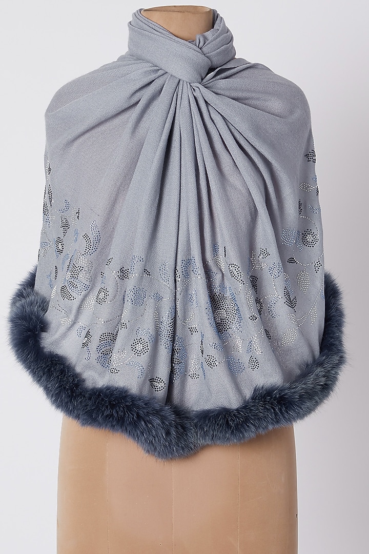 Sky Blue Swarovski Crystal Embroidered Shawl With Faux Fur by Wrapture by Suzanne at Pernia's Pop Up Shop