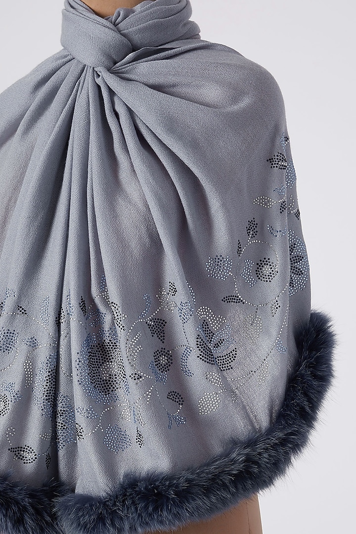 Sky Blue Swarovski Crystal Embroidered Shawl With Faux Fur by Wrapture by Suzanne at Pernia's Pop Up Shop