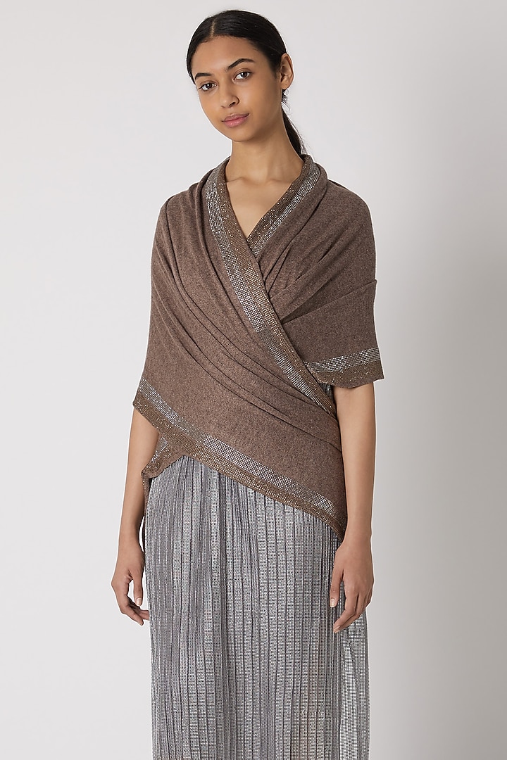 Rust Brown Knitted & Swarovski Embroidered Shawl by Wrapture by Suzanne at Pernia's Pop Up Shop