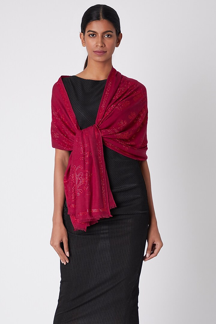 Crimson Red Knitted & Swarovski Embroidered Shawl by Wrapture by Suzanne at Pernia's Pop Up Shop