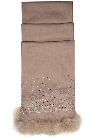 Beige Swarovski Embroidered Shawl With Faux Fur by Wrapture by Suzanne