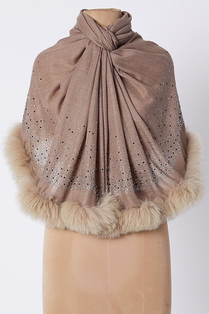 Beige Swarovski Embroidered Shawl With Faux Fur Design by Wrapture by  Suzanne at Pernia's Pop Up Shop 2024