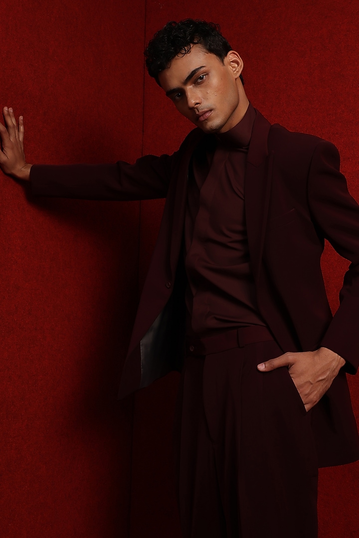 Burgundy Viscose Polyester Tuxedo Set by TISASTUDIO at Pernia's Pop Up Shop