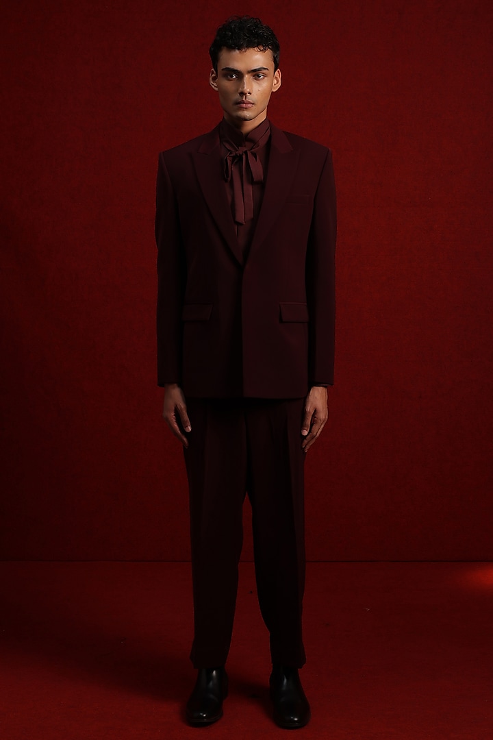 Burgundy Viscose Polyester Tuxedo Set by TISASTUDIO at Pernia's Pop Up Shop