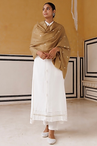 Green Wool Gota Patti Hand Embroidered Shawl by Geroo Jaipur Accessories