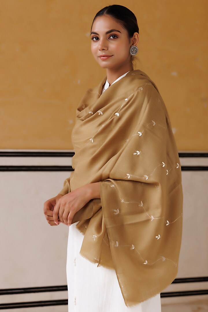 Green Wool Gota Patti Hand Embroidered Shawl by Geroo Jaipur Accessories at Pernia's Pop Up Shop