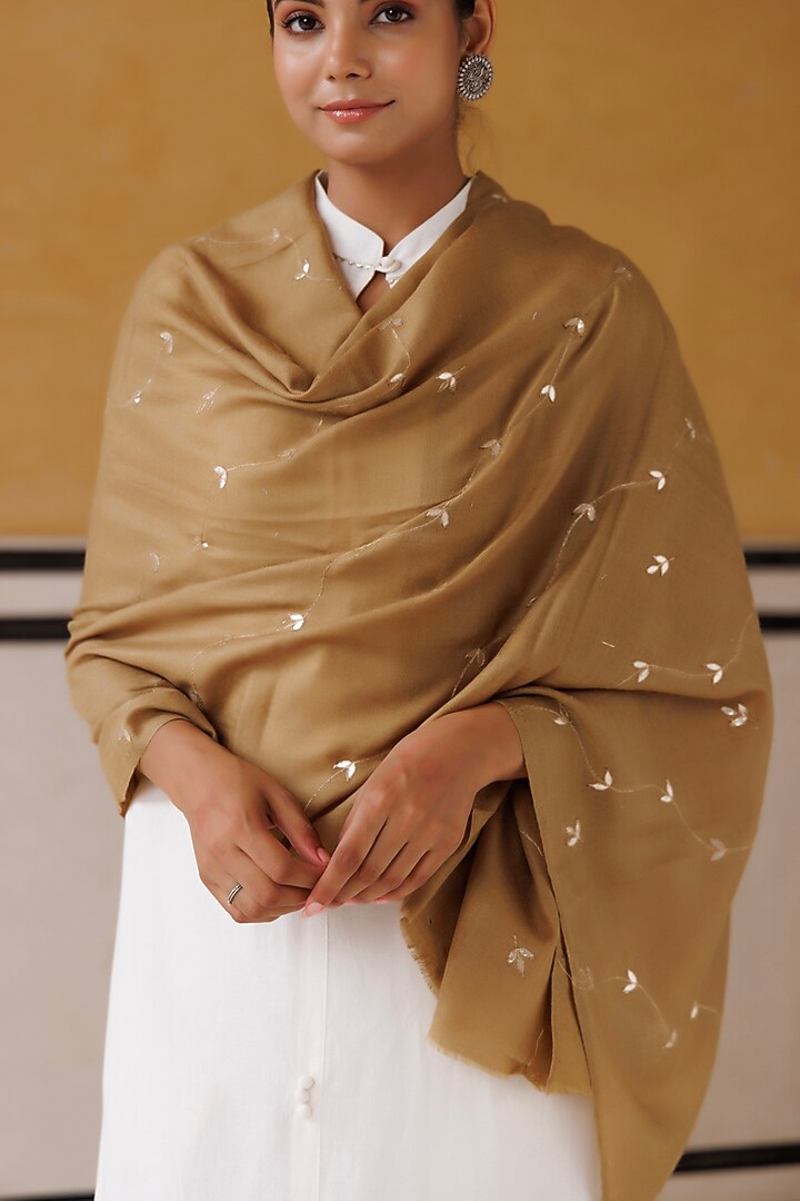 Green Wool Gota Patti Hand Embroidered Shawl by Geroo Jaipur Accessories at Pernia's Pop Up Shop