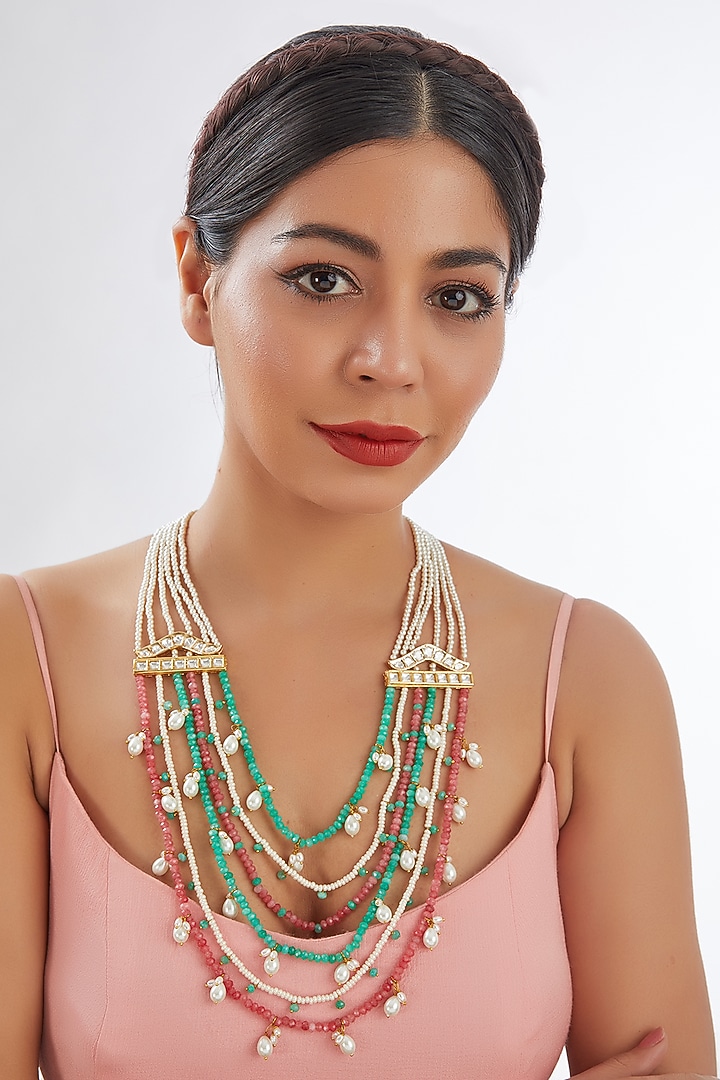 Gold Finish Pearl & Kundan Polki Necklace by XAGO at Pernia's Pop Up Shop