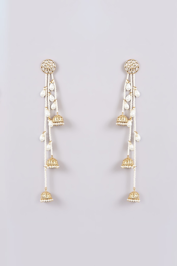 Gold Finish Kundan Polki & Pearl Dangler Earrings by XAGO