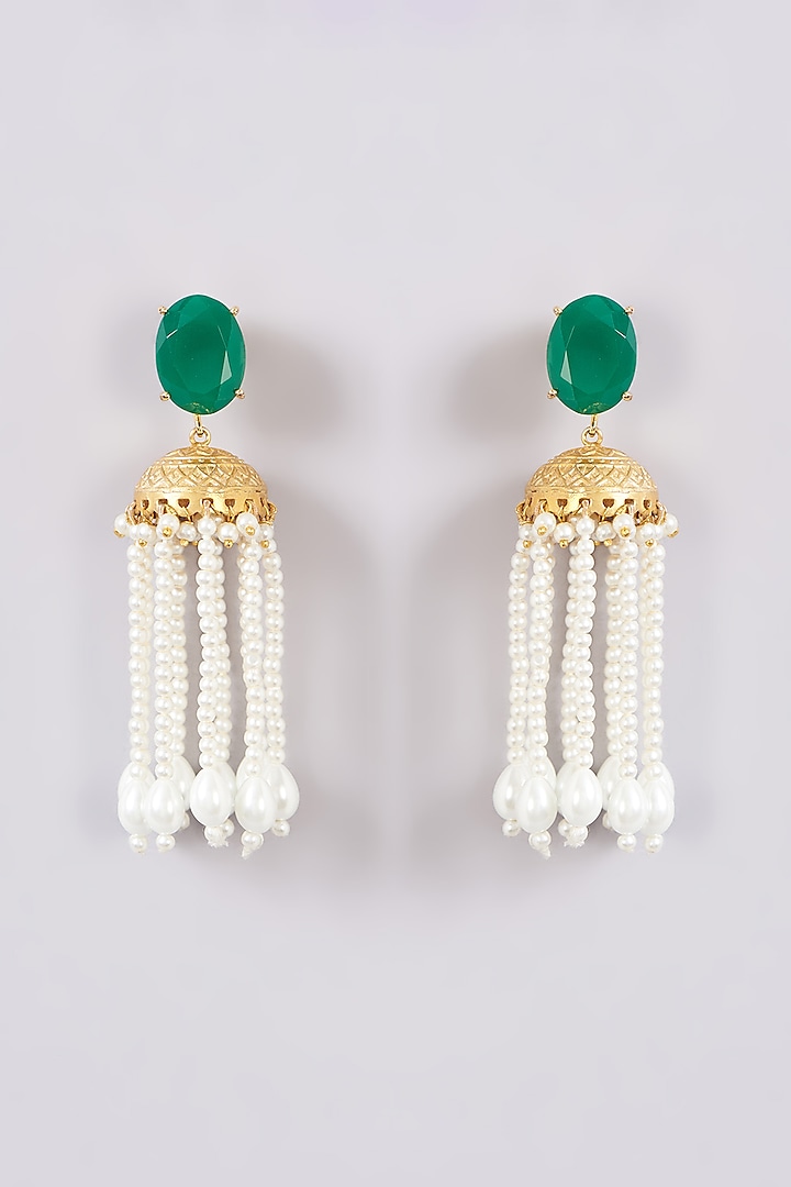 Gold Finish Green Onyx & Pearl Dangler Earrings by XAGO