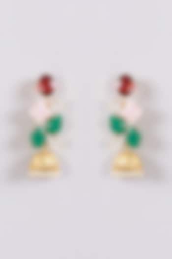 Gold Finish Red & Green Onyx Jhumka Earrings by XAGO