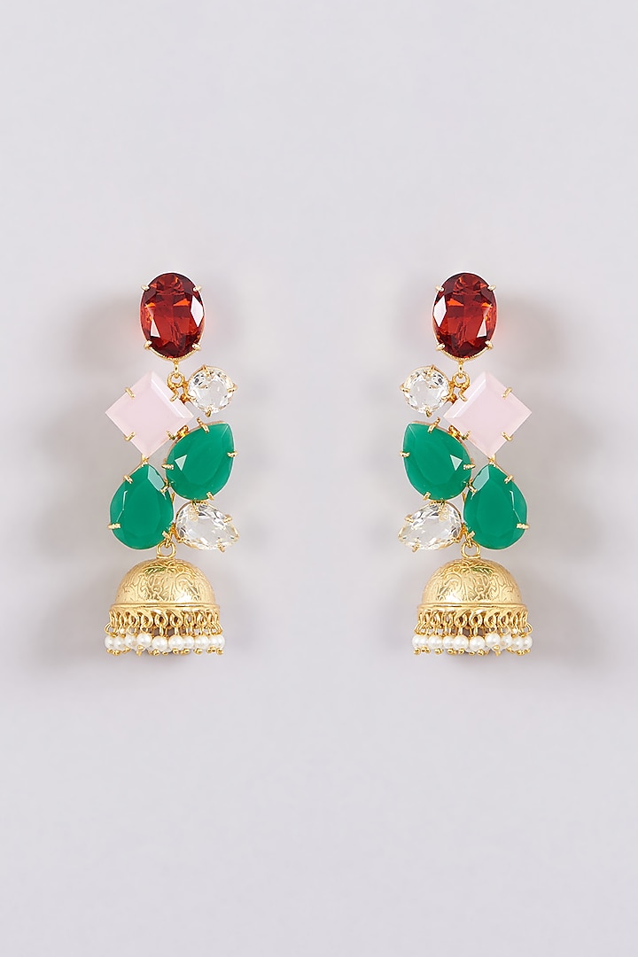 Gold Finish Red & Green Onyx Jhumka Earrings by XAGO