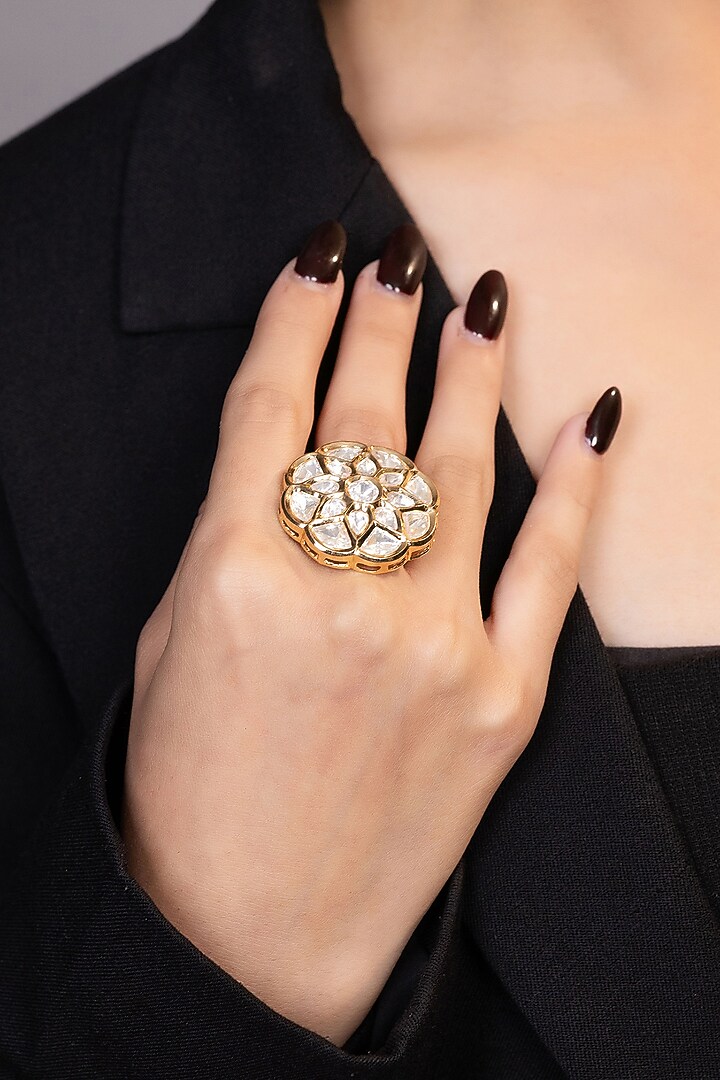 Gold Finish White Moissanite Kundan Polki Ring by XAGO at Pernia's Pop Up Shop