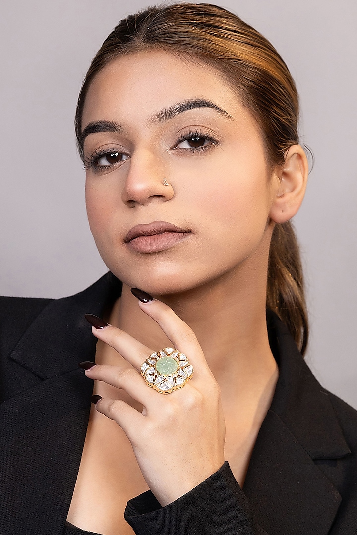 Gold Finish Sea Green Moissanite Kundan Polki Ring by XAGO at Pernia's Pop Up Shop