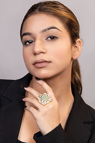 Gold Finish Sea Green Moissanite Kundan Polki Ring by XAGO