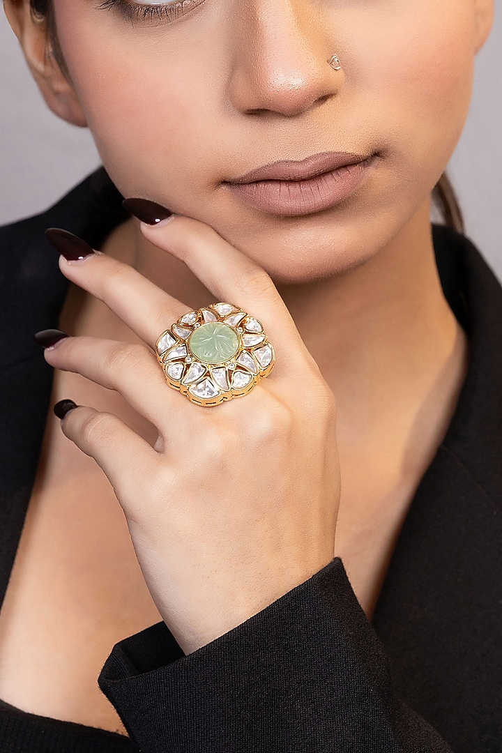 Gold Finish Sea Green Moissanite Kundan Polki Ring by XAGO at Pernia's Pop Up Shop