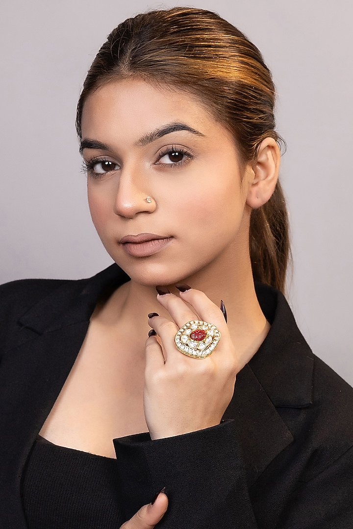 Gold Finish Red Moissanite & Beaded Ring by XAGO at Pernia's Pop Up Shop