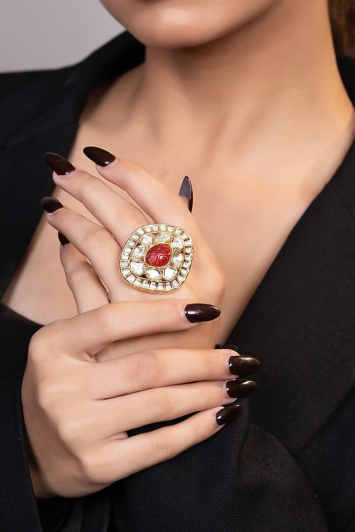 Gold Finish Red Moissanite & Beaded Ring by XAGO at Pernia's Pop Up Shop