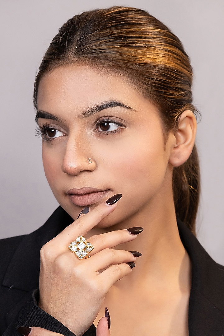 Gold Finish White Moissanite Kundan Polki Ring by XAGO at Pernia's Pop Up Shop