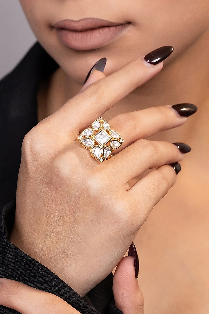 Gold Finish White Moissanite Kundan Polki Ring by XAGO at Pernia's Pop Up Shop