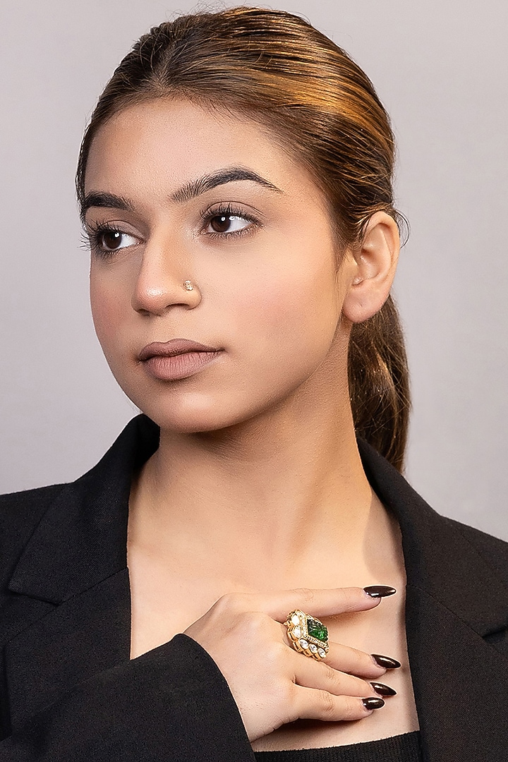 Gold Finish Moissanite & Green Beaded Ring by XAGO at Pernia's Pop Up Shop