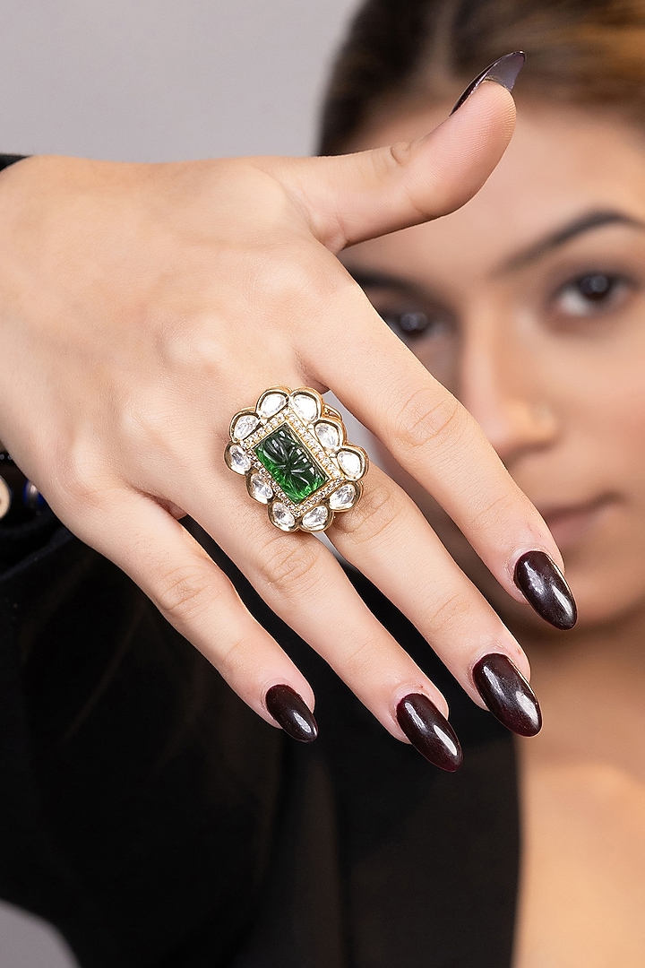 Gold Finish Moissanite & Green Beaded Ring by XAGO at Pernia's Pop Up Shop