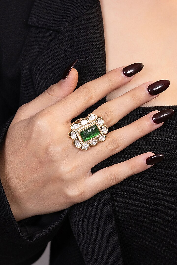 Gold Finish Moissanite & Green Beaded Ring by XAGO at Pernia's Pop Up Shop
