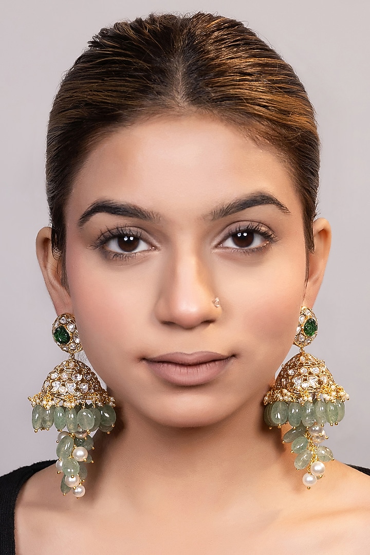 Gold Finish Pearl & Beaded Jhumka Earrings by XAGO at Pernia's Pop Up Shop