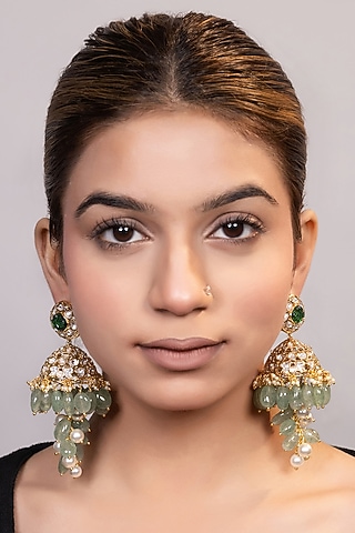 Gold Finish Pearl & Beaded Jhumka Earrings by XAGO
