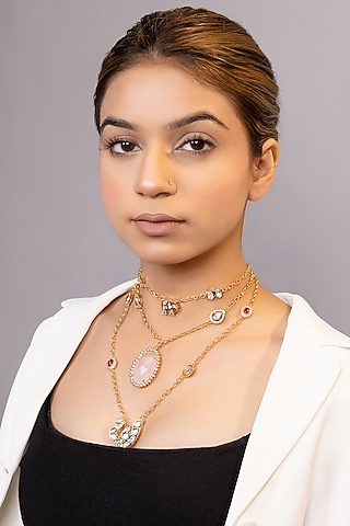 Gold Finish Moissanite & Pink Beaded Necklace by XAGO
