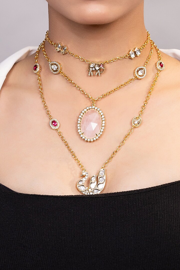 Gold Finish Moissanite & Pink Beaded Necklace by XAGO at Pernia's Pop Up Shop