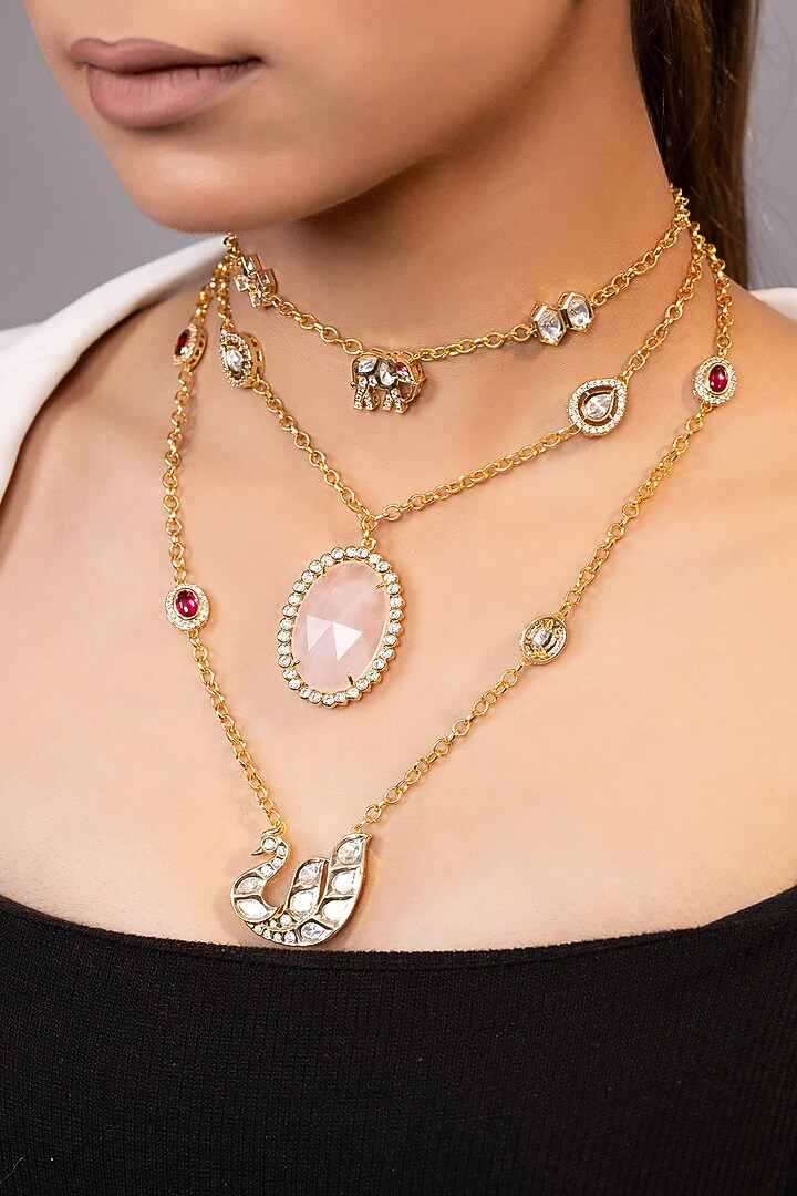 Gold Finish Moissanite & Pink Beaded Necklace by XAGO at Pernia's Pop Up Shop