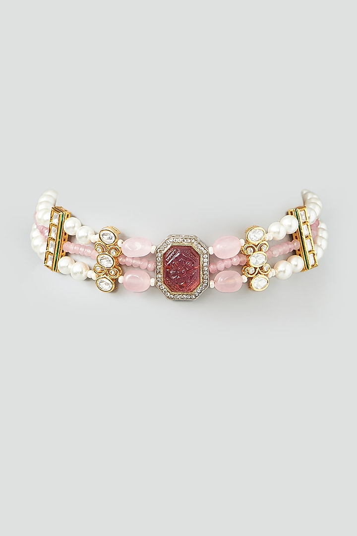 Gold Finish Kundan Polki & Pink Onyx Beaded Choker Necklace by XAGO at Pernia's Pop Up Shop