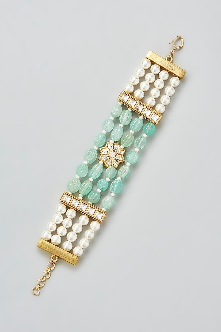 Gold Finish Kundan Polki & Green Beaded Bracelet by XAGO at Pernia's Pop Up Shop