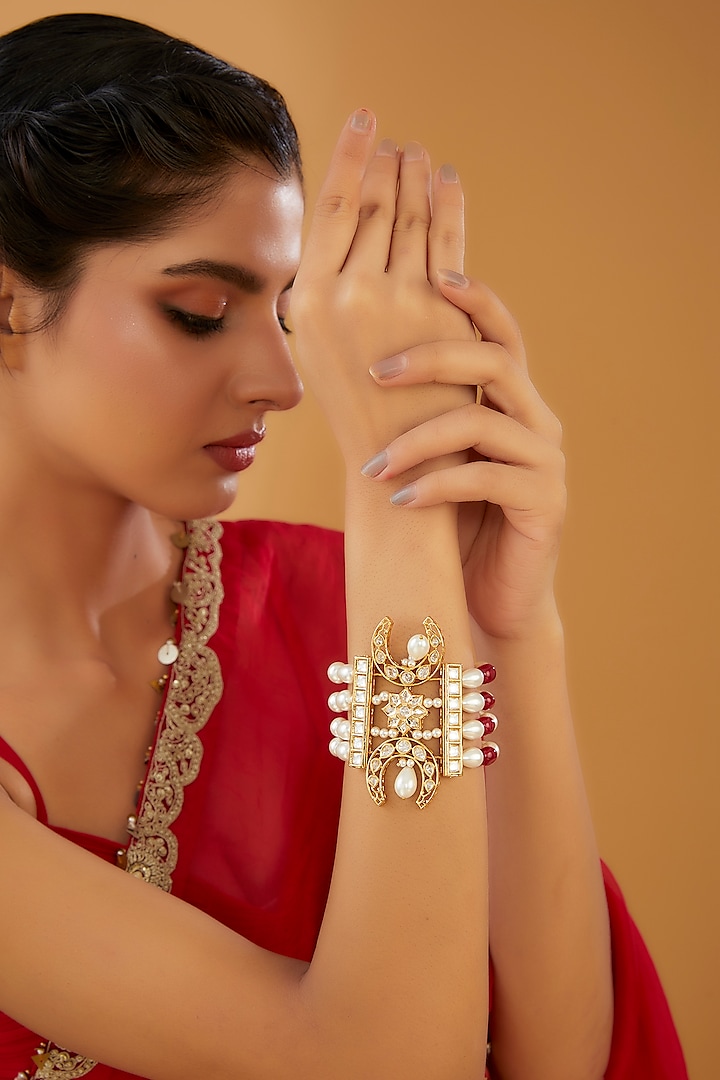 Gold Finish Red Beaded & Kundan Polki Bracelet by XAGO at Pernia's Pop Up Shop