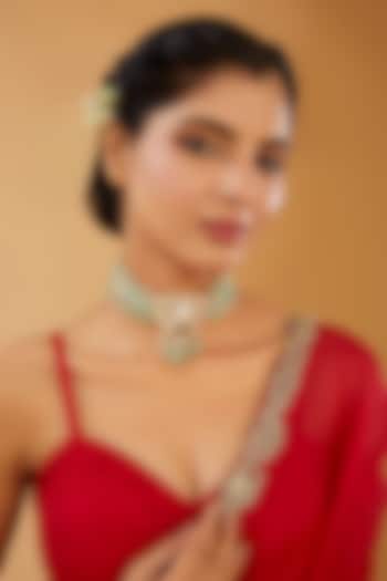 Gold Finish Sea Green Onyx Beaded & Kundan Polki Choker Necklace by XAGO at Pernia's Pop Up Shop