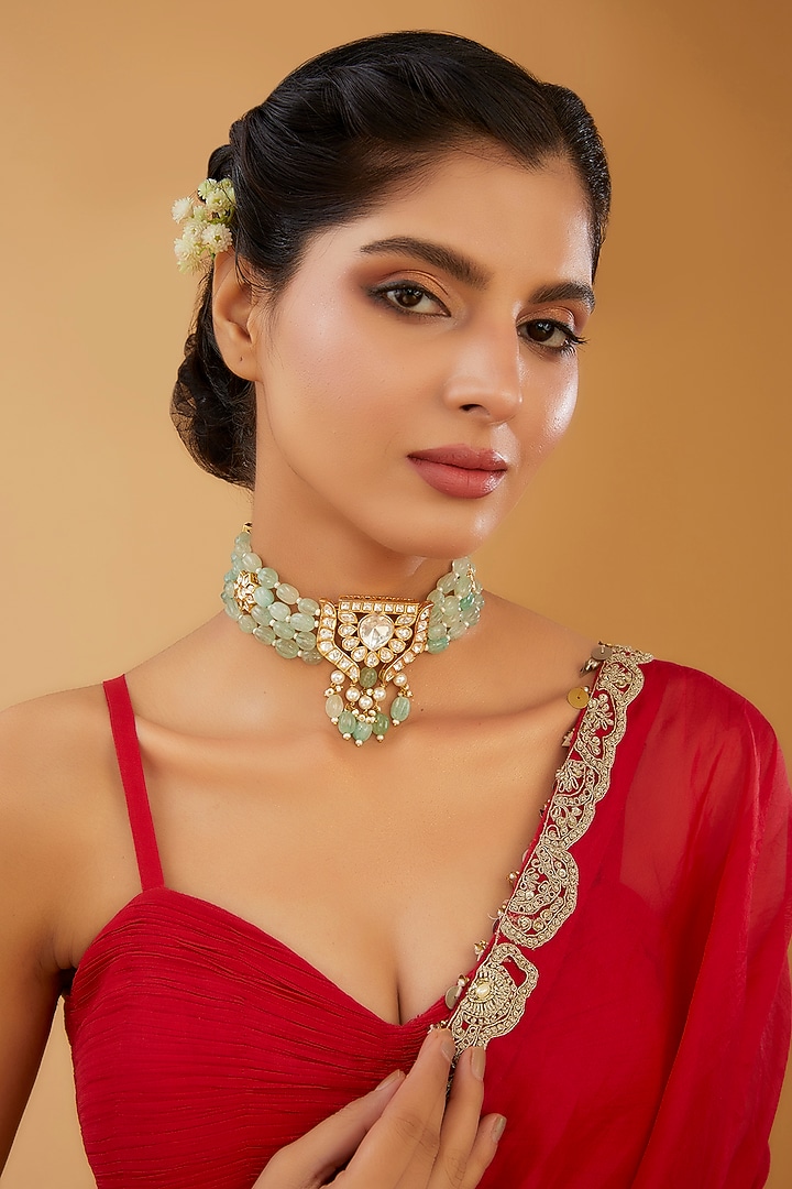 Gold Finish Sea Green Onyx Beaded & Kundan Polki Choker Necklace by XAGO at Pernia's Pop Up Shop