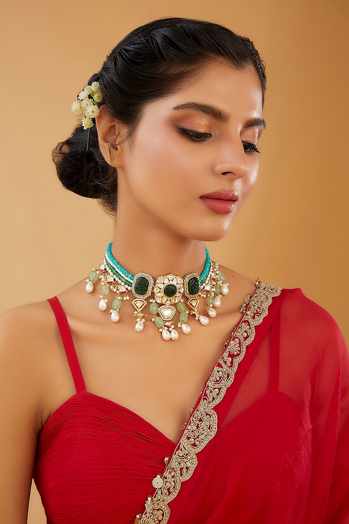 Gold Finish Kundan Polki & Pearl Layered Choker Necklace by XAGO at Pernia's Pop Up Shop